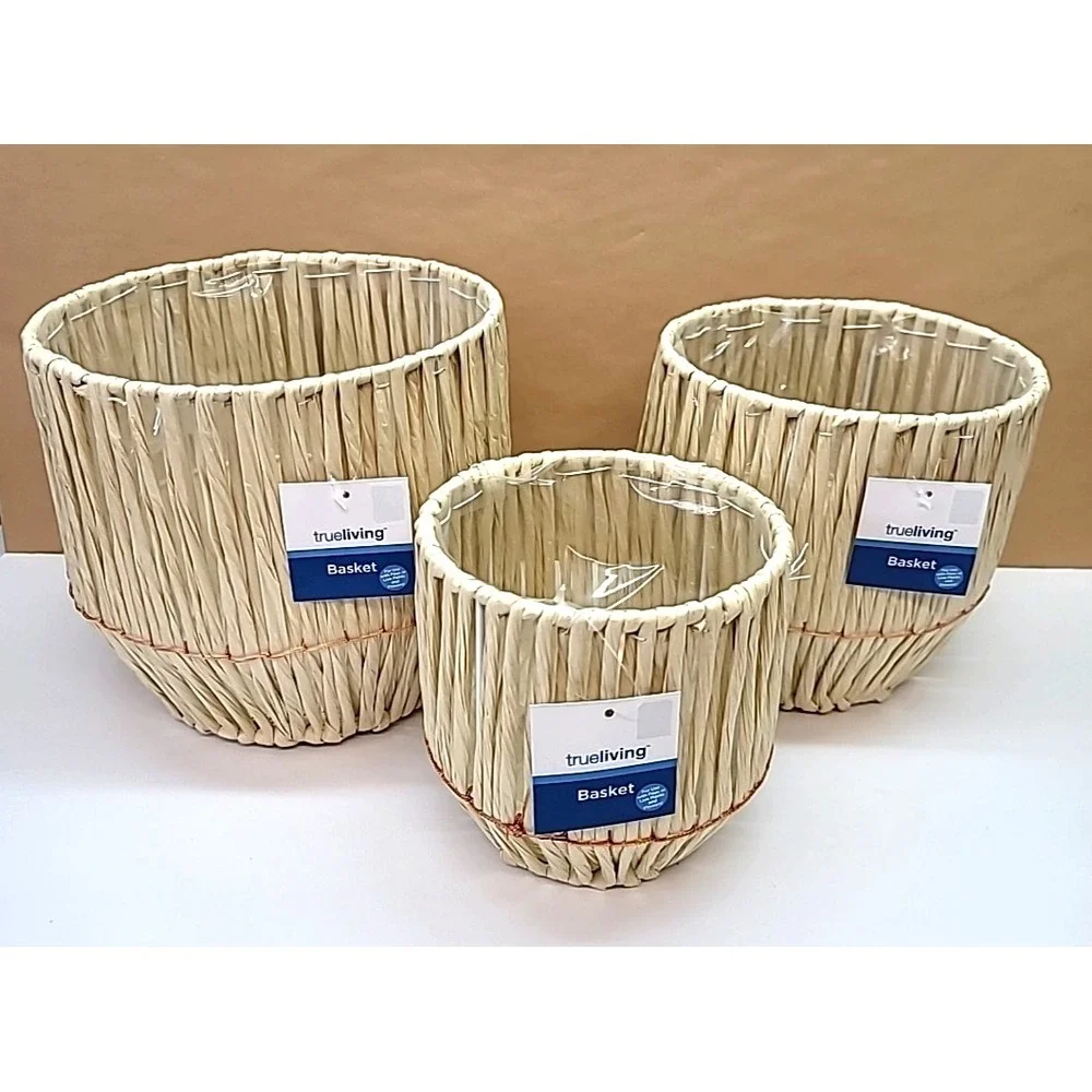 Set Of 3 Plastic Lined Natural Color Raffia Planter Baskets-6